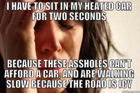 I HAVE TO SIT IN MY HEATED CAR FOR TWO SECONDS BECAUSE THESE ASSHOLES CAN'T AFFORD A CAR, AND ARE WALKING SLOW BECAUSE THE ROAD IS ICY First World Problems
