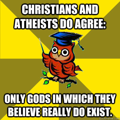 Christians and Atheists do agree: Only gods in which they believe really do exist. - Christians and Atheists do agree: Only gods in which they believe really do exist.  Observational Owl