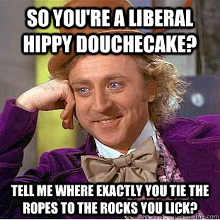 So you're a liberal hippy douchecake? Tell me where exactly you tie the ropes to the rocks you lick?  Condescending Wonka