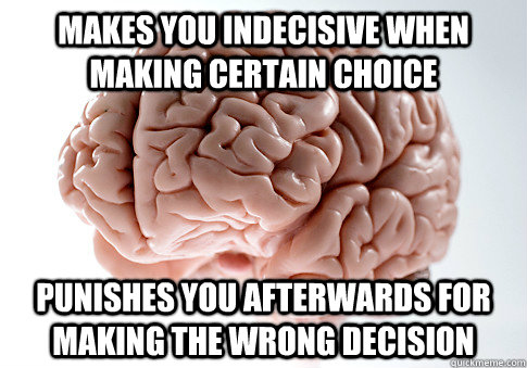 Makes you indecisive when making certain choice Punishes you afterwards for making the wrong decision - Makes you indecisive when making certain choice Punishes you afterwards for making the wrong decision  Scumbag Brain