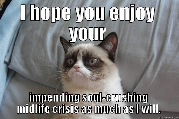 I HOPE YOU ENJOY YOUR IMPENDING SOUL-CRUSHING MIDLIFE CRISIS AS MUCH AS I WILL. Grumpy Cat