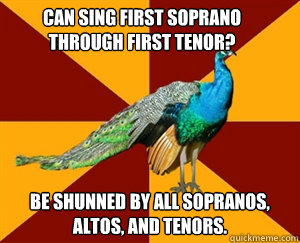 CAN SING first soprano through first tenor?  be shunned by all sopranos, altos, and tenors.  Caption 3 goes here  Thespian Peacock