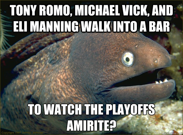 Tony Romo, Michael Vick, and Eli manning walk into a bar to watch the playoffs
amirite?  Bad Joke Eel