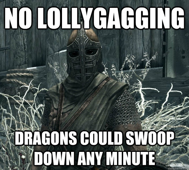 No lollygagging dragons could swoop down any minute - No lollygagging dragons could swoop down any minute  Skyrim Guard