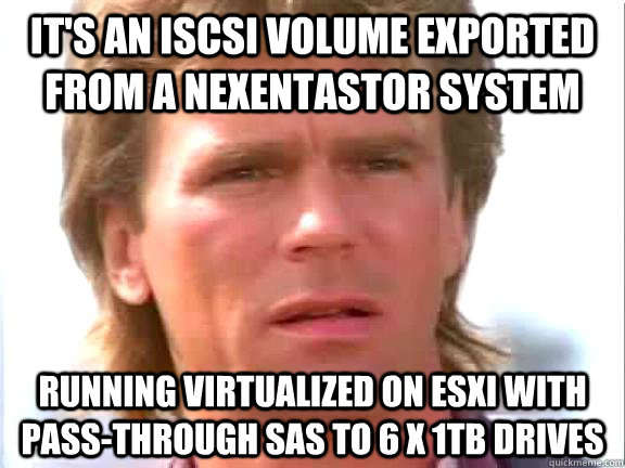 It's an iSCSI volume exported from a NexentaStor system  running virtualized on ESXi with pass-through SAS to 6 x 1TB drives  