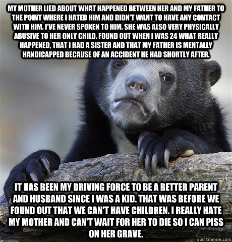 My mother lied about what happened between her and my father to the point where I hated him and didn't want to have any contact with him. I've never spoken to him. She was also very physically abusive to her only child. Found out when I was 24 what really  Confession Bear