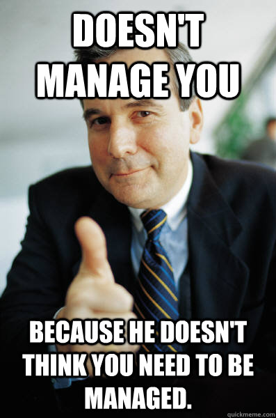 doesn't manage you because he doesn't think you need to be managed. - doesn't manage you because he doesn't think you need to be managed.  Good Guy Boss
