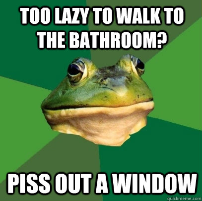 Too lazy to walk to the bathroom? Piss out a window  Foul Bachelor Frog