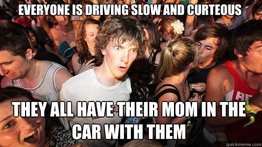 Everyone is driving slow and curteous They all have their mom in the car with them  Sudden Clarity Clarence