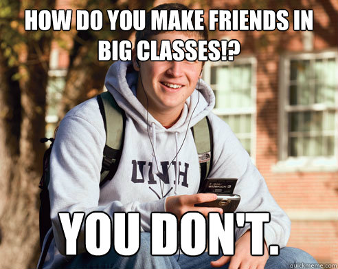 How do you make friends in big classes!? You don't.  College Freshman