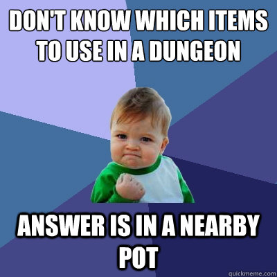 don't know which items to use in a dungeon answer is in a nearby pot  Success Kid