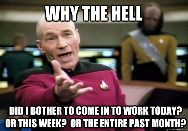 Why the hell Did I bother to come in to work today?  or this week?  or the entire past month?  Patrick Stewart WTF