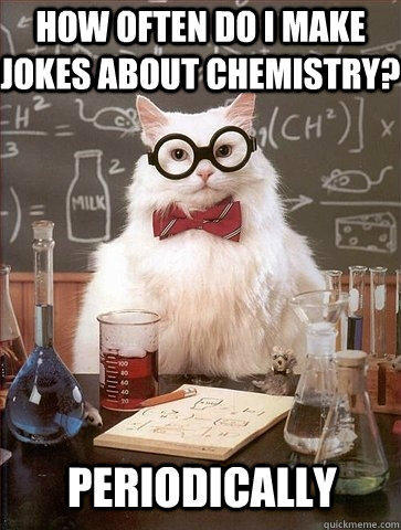 HOW OFTEN DO I MAKE JOKES ABOUT CHEMISTRY? PERIODICALLY  Chemistry Cat