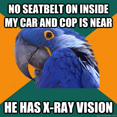 no seatbelt on inside my car and cop is near he has x-ray vision  Paranoid Parrot