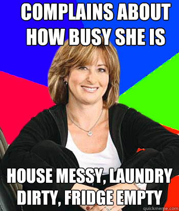 Complains about how busy she is House messy, laundry dirty, fridge empty  Sheltering Suburban Mom