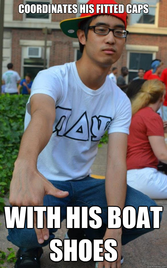 Coordinates his fitted caps  with his boat shoes  