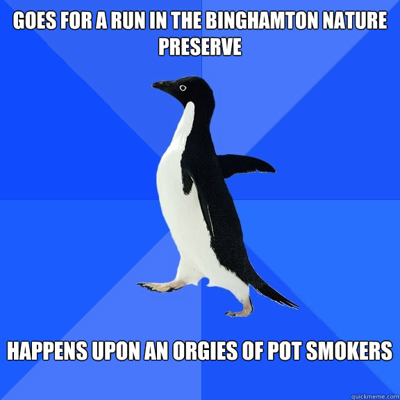 Goes for a run in the Binghamton Nature Preserve  Happens upon an orgies of pot smokers    Socially Awkward Penguin