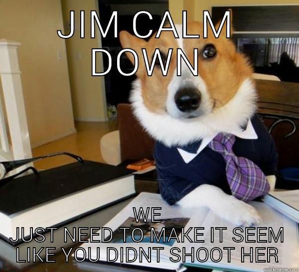 Calm Down - JIM CALM DOWN WE JUST NEED TO MAKE IT SEEM LIKE YOU DIDNT SHOOT HER Lawyer Dog