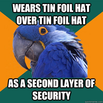 Wears tin foil hat over tin foil hat as a second layer of security - Wears tin foil hat over tin foil hat as a second layer of security  Paranoid Parrot
