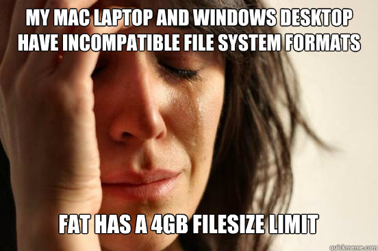 my mac laptop and windows desktop have incompatible file system formats
 fat has a 4gb filesize limit Caption 3 goes here  First World Problems