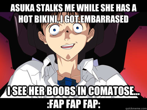 Asuka stalks me while she has a hot bikini, i got embarrased i see her boobs in comatose... :Fap Fap Fap: - Asuka stalks me while she has a hot bikini, i got embarrased i see her boobs in comatose... :Fap Fap Fap:  Ikari Shinji