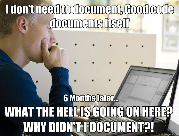 I don't need to document, Good code documents itself WHAT THE HELL IS GOING ON HERE? WHY DIDN'T I DOCUMENT?! 6 Months later... - I don't need to document, Good code documents itself WHAT THE HELL IS GOING ON HERE? WHY DIDN'T I DOCUMENT?! 6 Months later...  Programmer