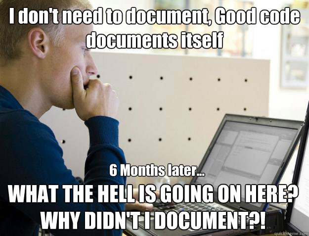 I don't need to document, Good code documents itself WHAT THE HELL IS GOING ON HERE? WHY DIDN'T I DOCUMENT?! 6 Months later...  Programmer