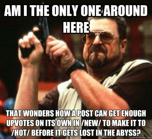 Am i the only one around here That wonders how a post can get enough upvotes on its own in /new/ to make it to /hot/ before it gets lost in the abyss?  Am I The Only One Around Here