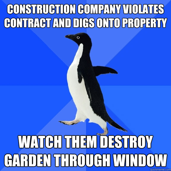 Construction company violates contract and digs onto Property watch them destroy Garden through window   Socially Awkward Penguin