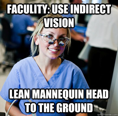 Faculity: Use indirect vision  lean mannequin head to the ground   overworked dental student