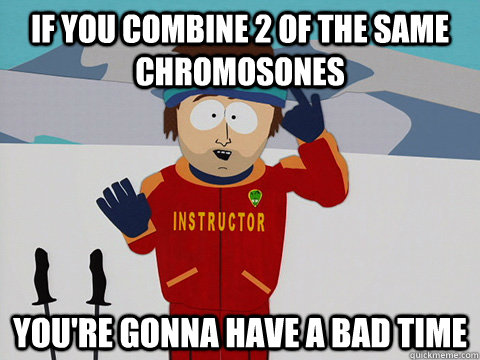 if you combine 2 of the same chromosones  you're gonna have a bad time  Youre gonna have a bad time