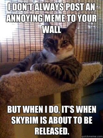 I don't always post an annoying meme to your wall but when I do, it's when skyrim is about to be released.  The Most Interesting Cat in the World