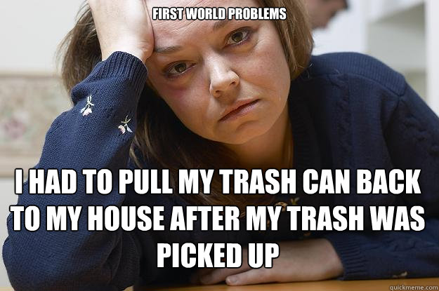 FIrst world Problems I had to pull my trash can back to my house after my trash was picked up  First World Problems