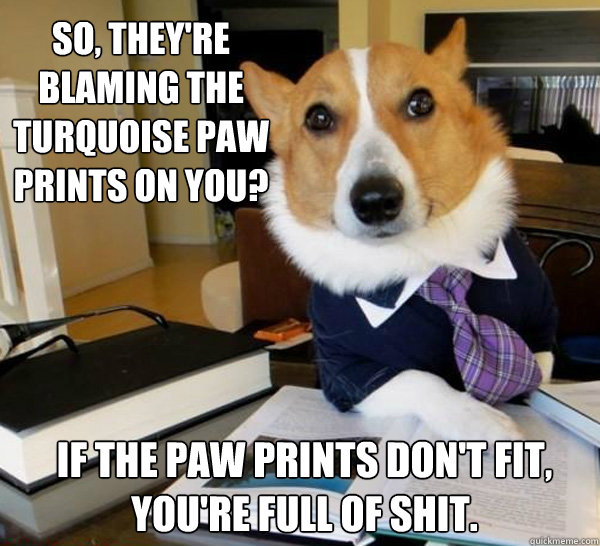 So, they're blaming the turquoise paw prints on you? If the paw prints don't fit, you're full of shit. - So, they're blaming the turquoise paw prints on you? If the paw prints don't fit, you're full of shit.  Lawyer Dog