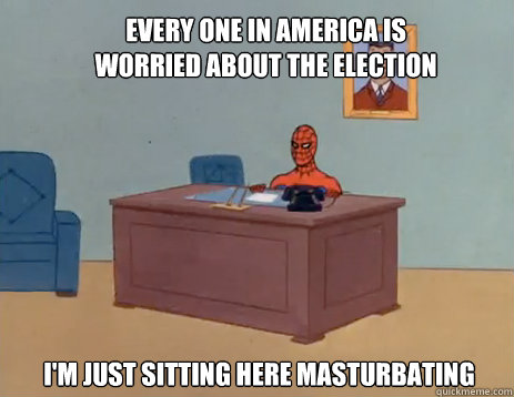 every one in america is worried about the election I'm just sitting here masturbating  masturbating spiderman