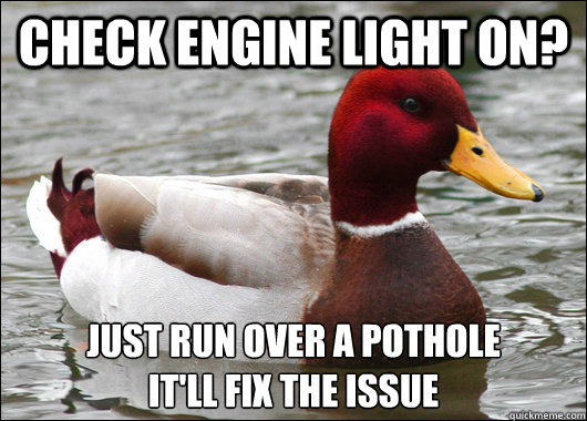 Check engine light on? just run over a pothole
it'll fix the issue  Malicious Advice Mallard