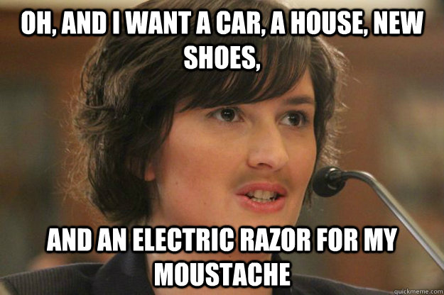 Oh, and I want a car, a house, new shoes,  and an electric razor for my moustache  Slut Sandra Fluke