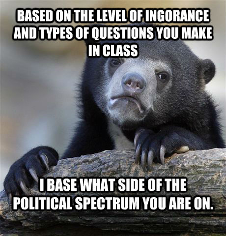 BASED ON THE LEVEL OF INGORANCE AND TYPES OF QUESTIONS YOU MAKE IN CLASS I BASE WHAT SIDE OF THE POLITICAL SPECTRUM YOU ARE ON. 

 - BASED ON THE LEVEL OF INGORANCE AND TYPES OF QUESTIONS YOU MAKE IN CLASS I BASE WHAT SIDE OF THE POLITICAL SPECTRUM YOU ARE ON. 

  Confession Bear