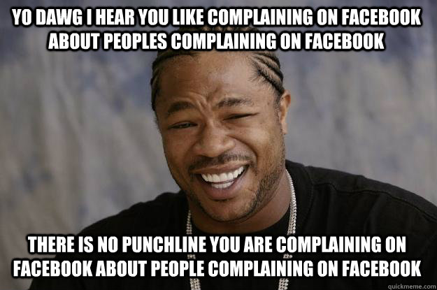 YO DAWG I HEAR YOU LIKE COMPLAINING on facebook ABOUT PEOPLES COMPLAINING on facebook there is no punchline you are complaining on facebook about people complaining on facebook  Xzibit meme