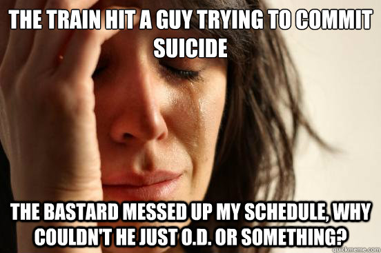 The train hit a guy trying to commit suicide the bastard messed up my schedule, why couldn't he just O.D. or something?  First World Problems
