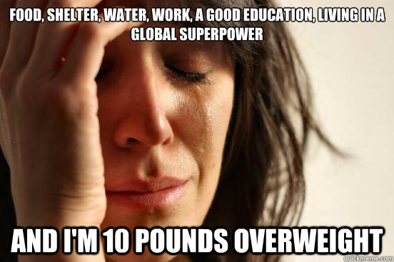 Food, shelter, water, work, a good education, living in a global superpower and i'm 10 pounds overweight  First World Problems