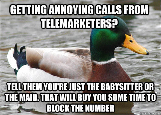 Getting annoying calls from telemarketers? Tell them you're just the babysitter or the maid. that will buy you some time to block the number  Actual Advice Mallard