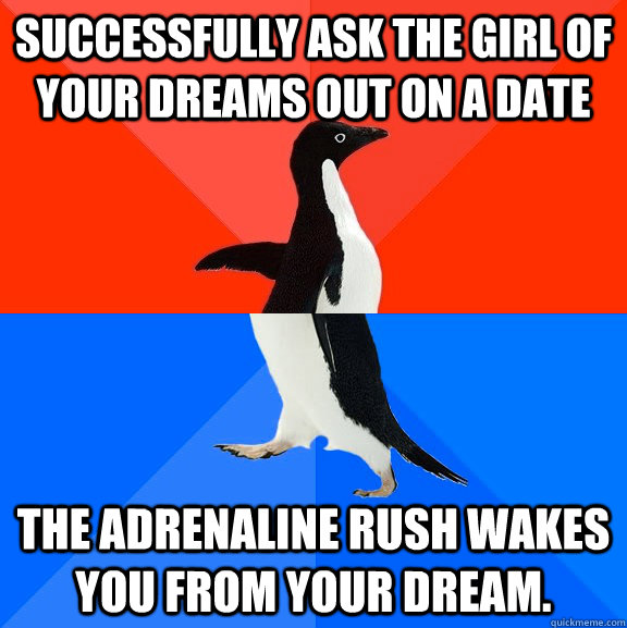 Successfully ask the girl of your dreams out on a date The adrenaline rush wakes you from your dream.  Socially Awesome Awkward Penguin