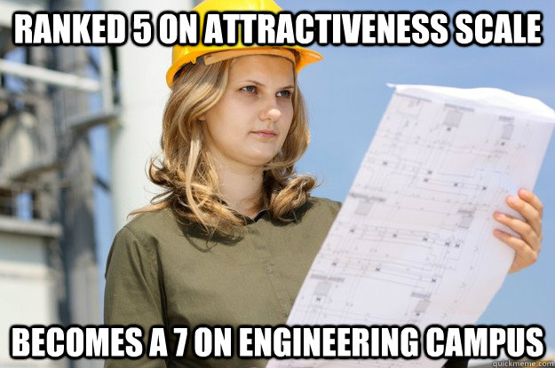 Ranked 5 on attractiveness scale  Becomes a 7 on engineering campus  Female Engineer