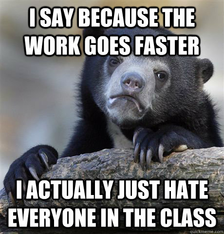 I say because the work goes faster I actually just hate everyone in the class  Confession Bear