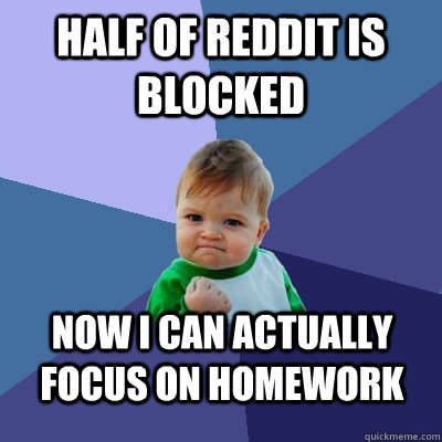 half of reddit is blocked Now i can actually focus on homework  Success Kid