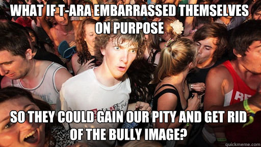 What if t-ara embarrassed themselves on purpose so they could gain our pity and get rid of the bully image?  Sudden Clarity Clarence