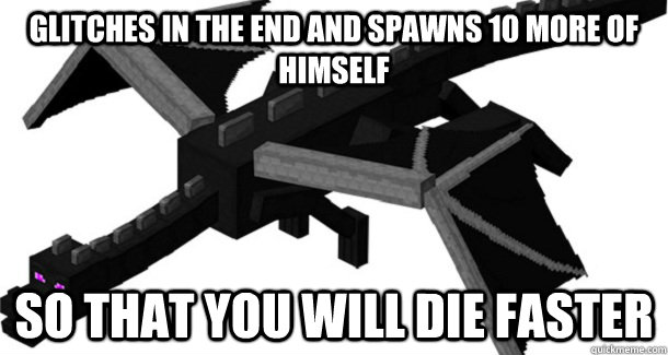 glitches in the end and spawns 10 more of himself so that you will die faster - glitches in the end and spawns 10 more of himself so that you will die faster  Scumbag Enderdragon