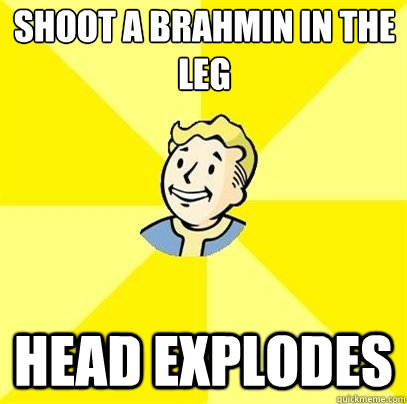 Shoot a Brahmin in the 
leg head explodes  Fallout 3