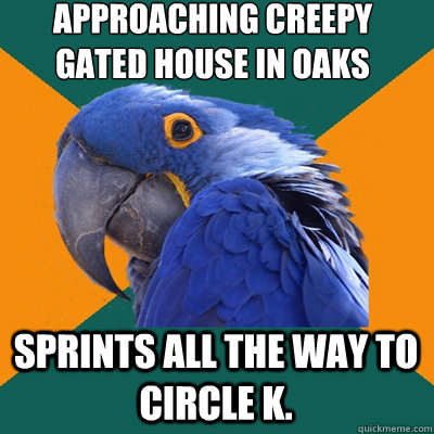 approaching creepy gated house in Oaks parking lot sprints all the way to circle K.  Paranoid Parrot